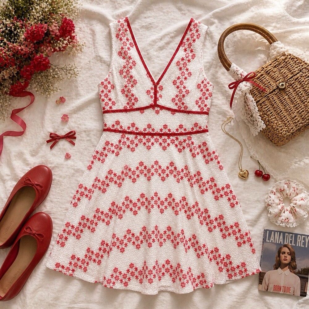 Lana Coke Dress Red White Floral Fit Flare Mini Embroidered Cottagecore L